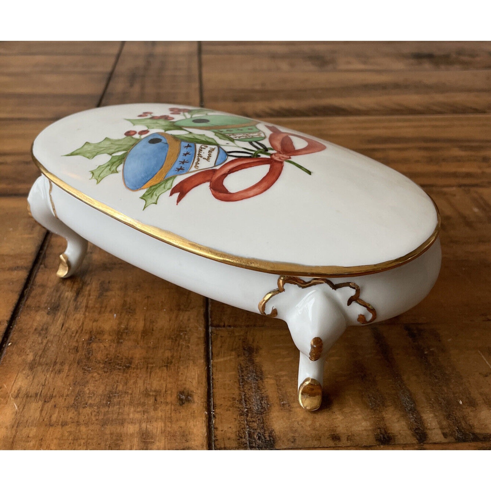 Vtge.Hand Painted Ceramic Jewelry Box Christmas bells with Gilded Details.
