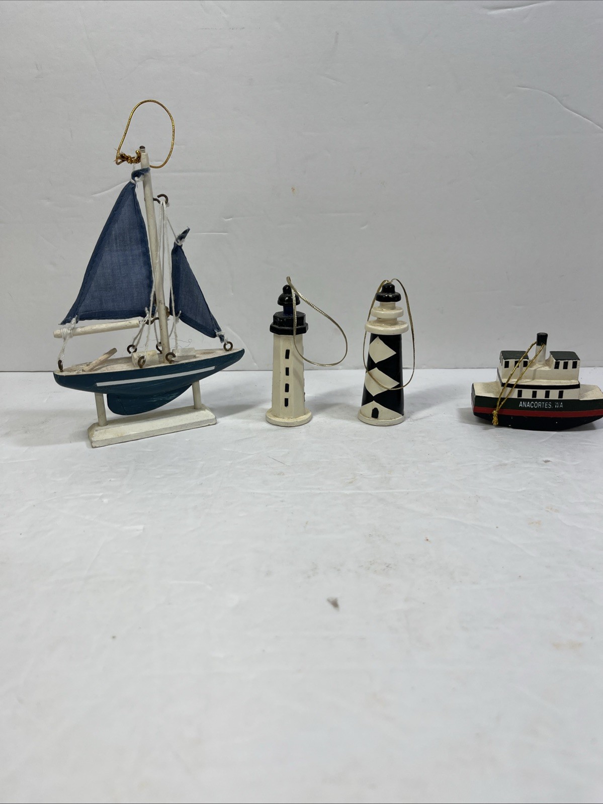 Vtg Wooden Nautical Ornament Lot 4pc Anacortes WA Ferry Sailboat Lighthouses