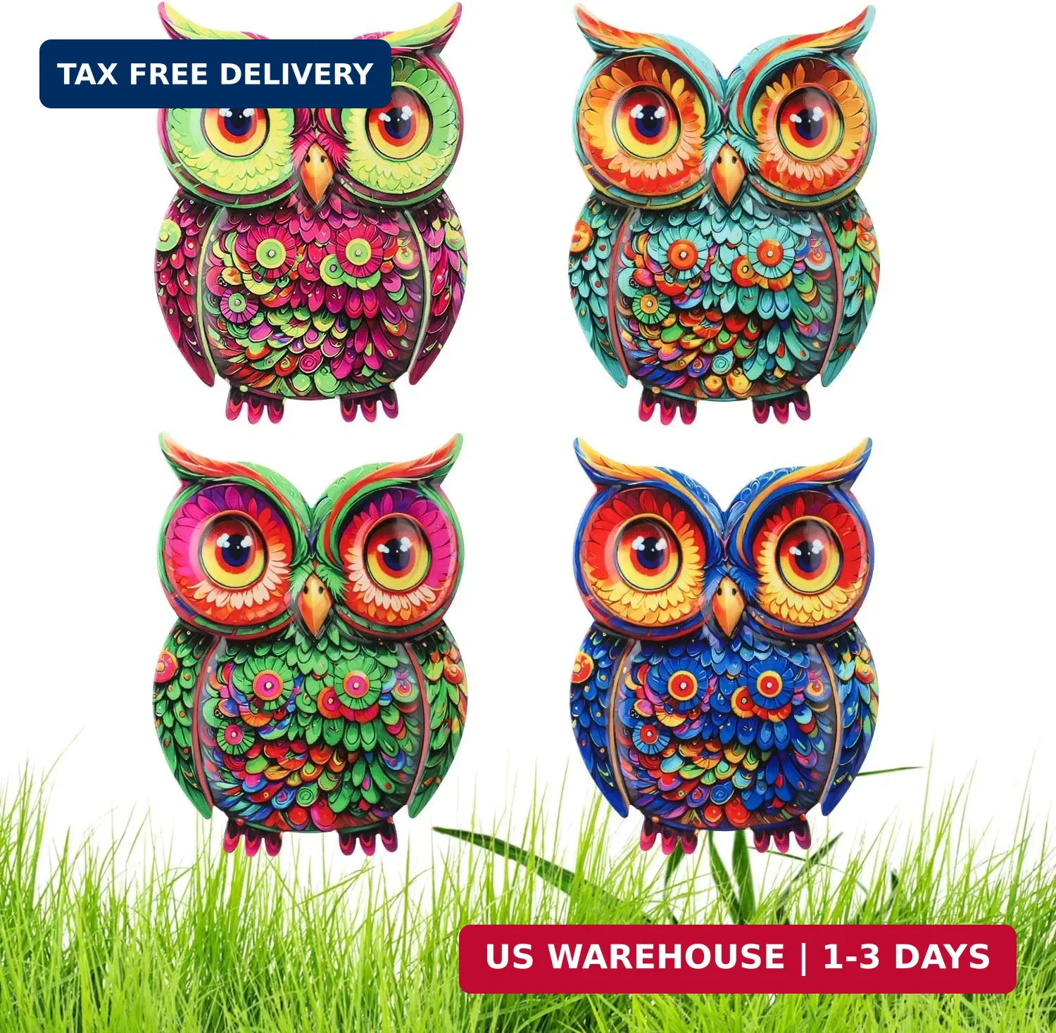 Junware Metal Owl Wall Decor, 4Pcs Owl Iron Wall Art Sculptures Hanging Sculptur