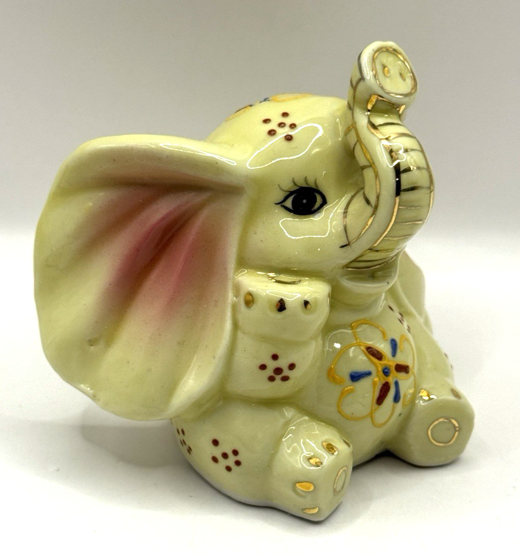 Vintage Elephant Figurine Raised Floral Accents Gold Highlights Trim - 3.25 Tall