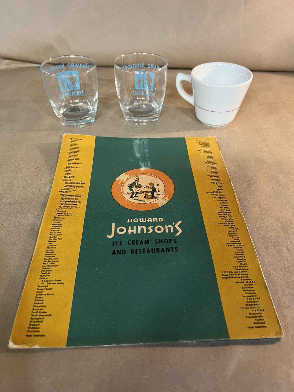 Vintage Howard Johnson Menu, Coffee Mug and 2 Howard Johnson Glasses Vintage Howard Johnson Menu, Coffee Mug and 2 Howard Johnson Glasses