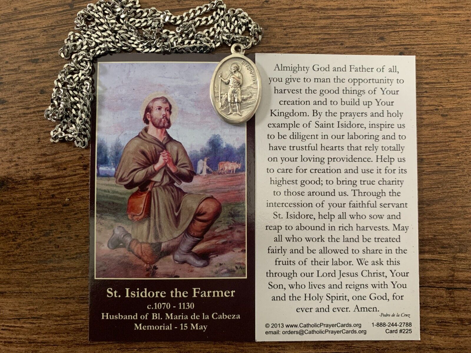 St. Isidore, Patron Saint of Farmers, Medal Necklace with Prayer Card