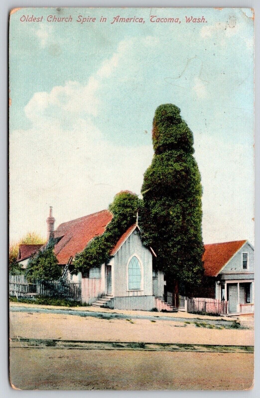 Oldest Church Spire America Tacoma Washington WA Antique Postcard PM Cancel WOB