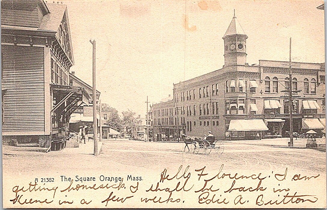 Lithograph Orange MA Street Scene on the Square 1906