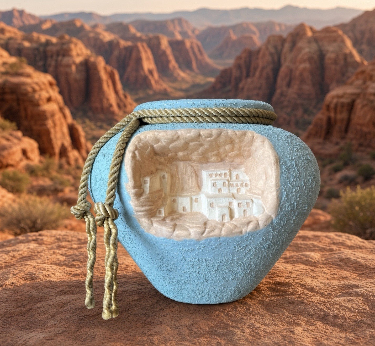 Textured Blue Vase Native American Pueblo Dwellings Relief Design Signed MC 1992