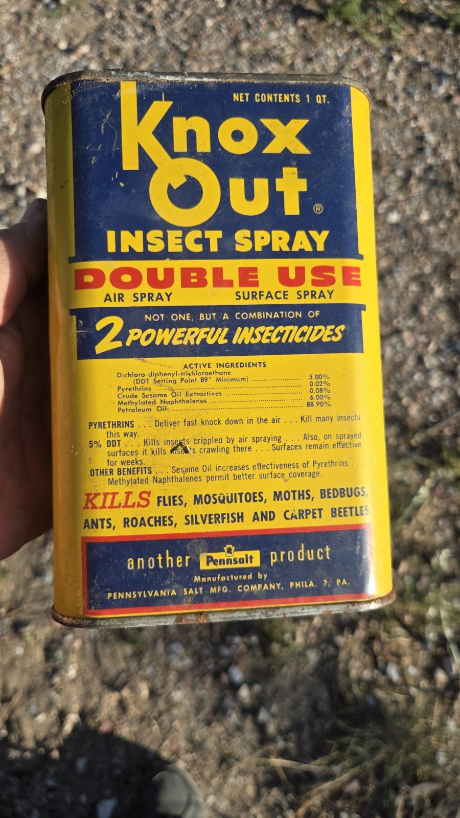 Vintage Knox Out 5% DDT Insect Spray Tin Can 1 Qt Empty Penn Salt w/ Cap