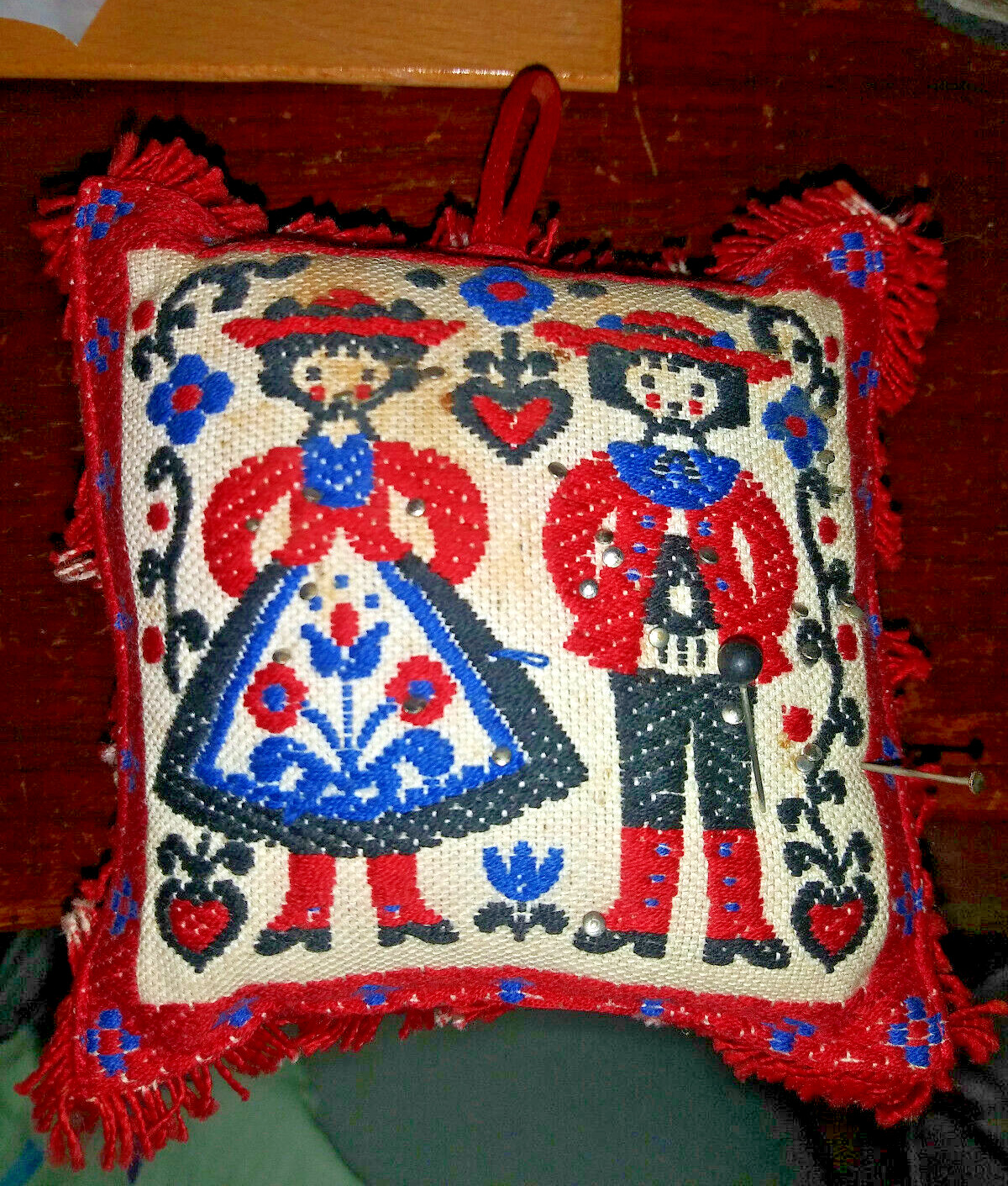 Vintage Tapestry Pin Cushion Folk Art Style
