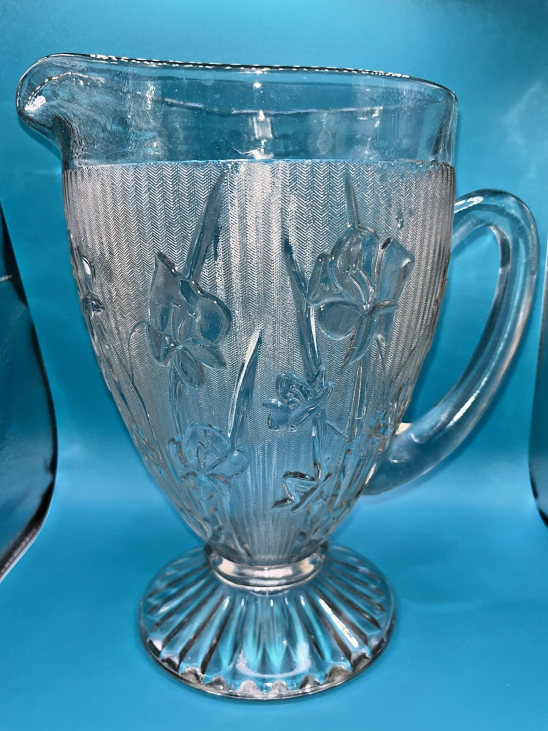 Jeanette Iris & Herringbone Pitcher Depression Glass 56 oz Footed Stem Vintage