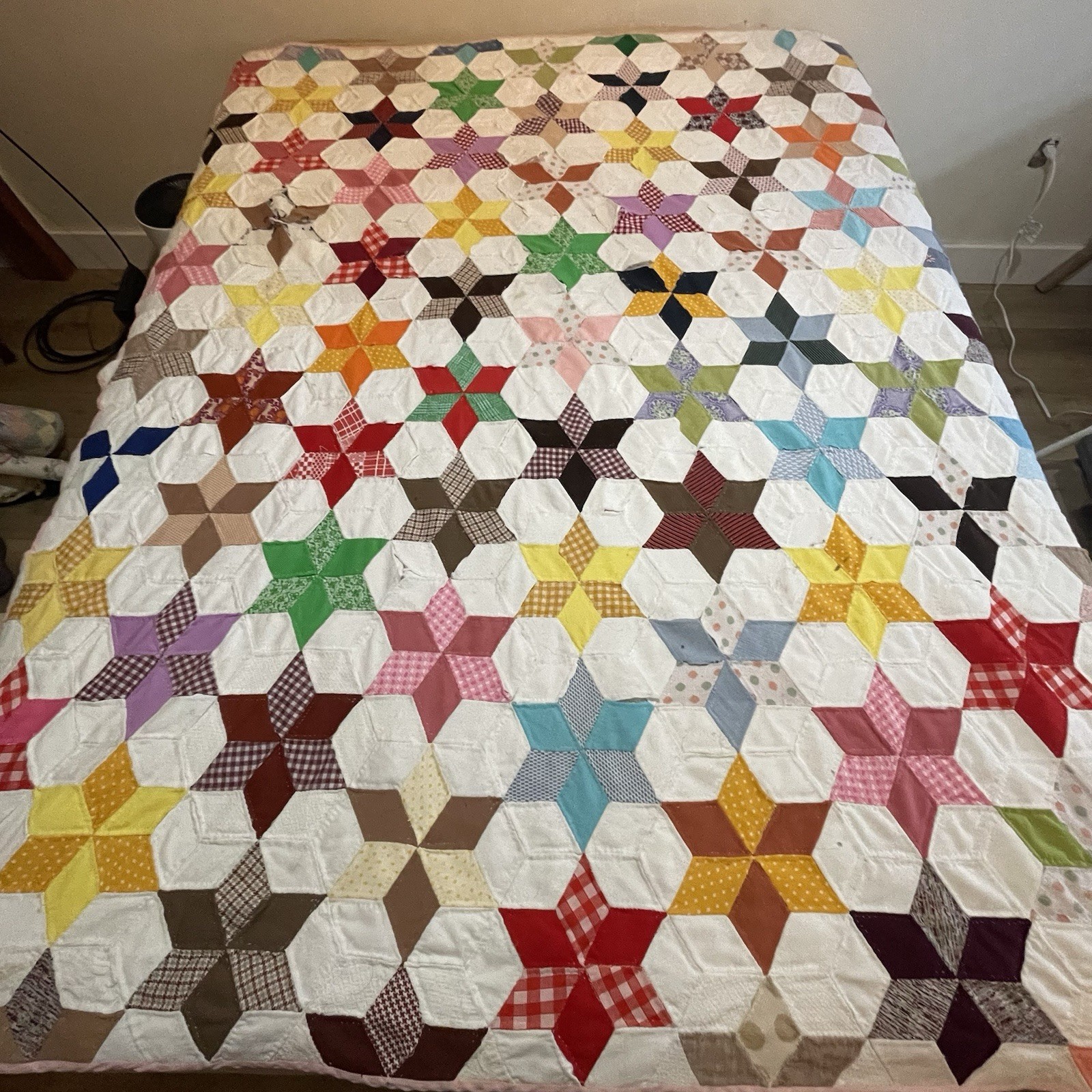 Vintage Star Cutter Quilt Handmade Machine and Hand Sewn Polyester Top 78 x 68