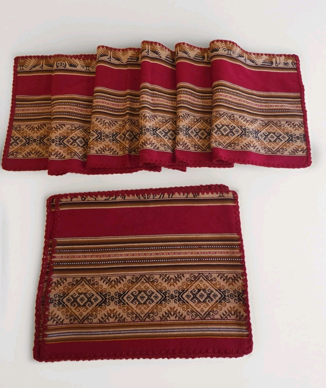 Vintage Traditional Andean Handwoven Textile~6 Placemats 1 Table Runner Red/Gold