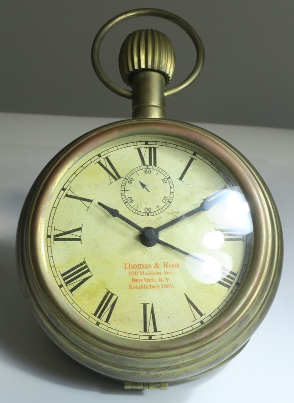 Vintage Large Brass Display Pocket Watch Style Alarm Clock Thomas & Ross Works