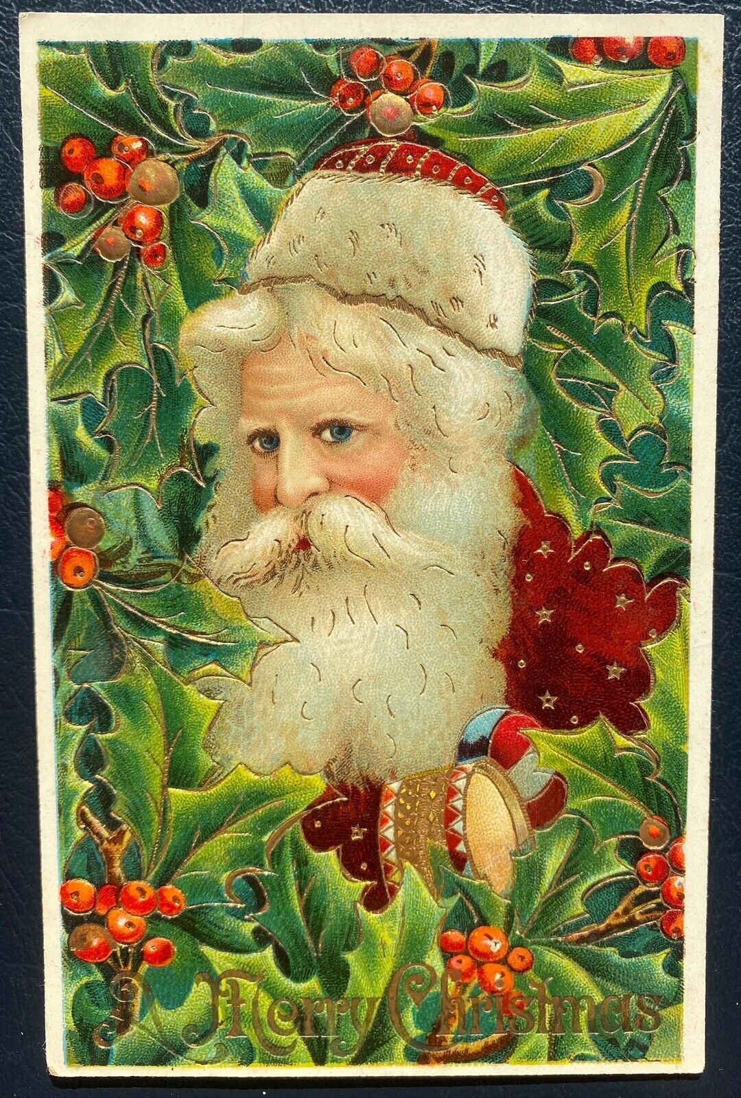 Long Beard Santa Claus with Holly Antique Gold Embossed~Christmas Postcard~k470