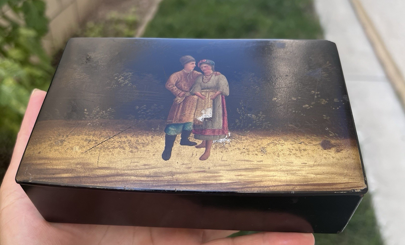 Antique 19th C. Russian Imperial Marked Lacquered Hand Painted Jewelry Box RARE