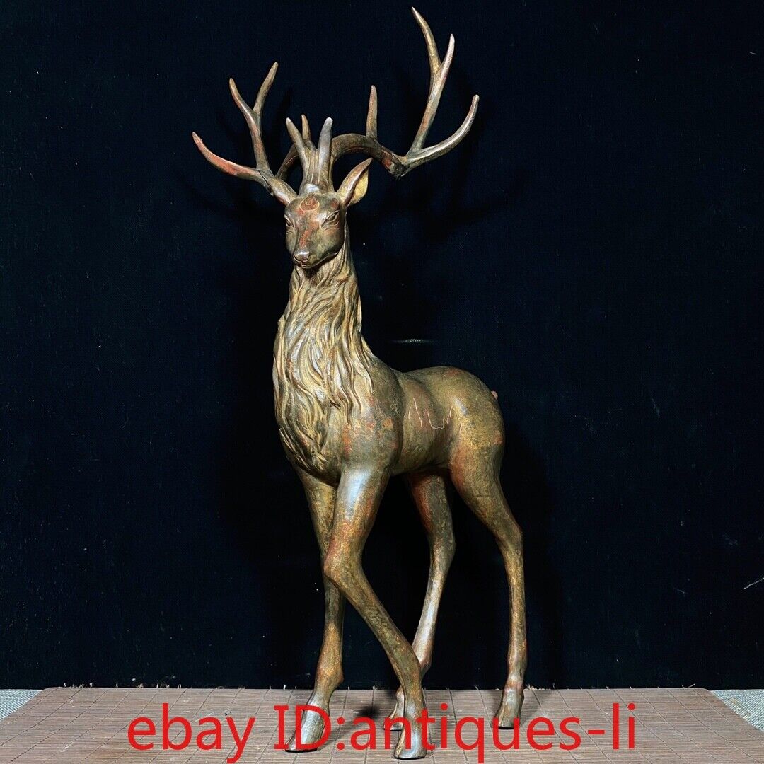 20.2“Chinese Antique Copper Clay and Gold Fairy Deer Statue Ornament