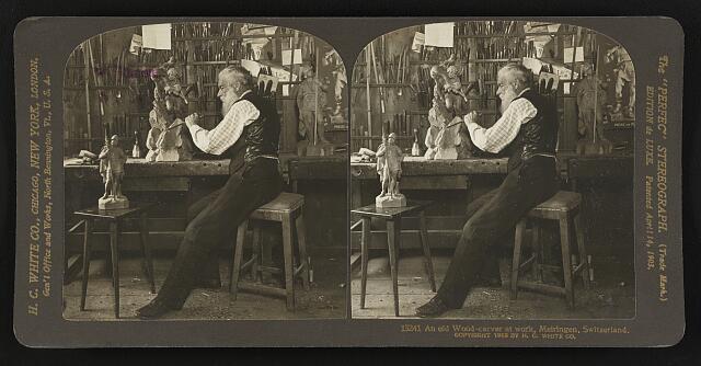 An old Wood-carver at work, Meiringen, Switzerland Old Photo