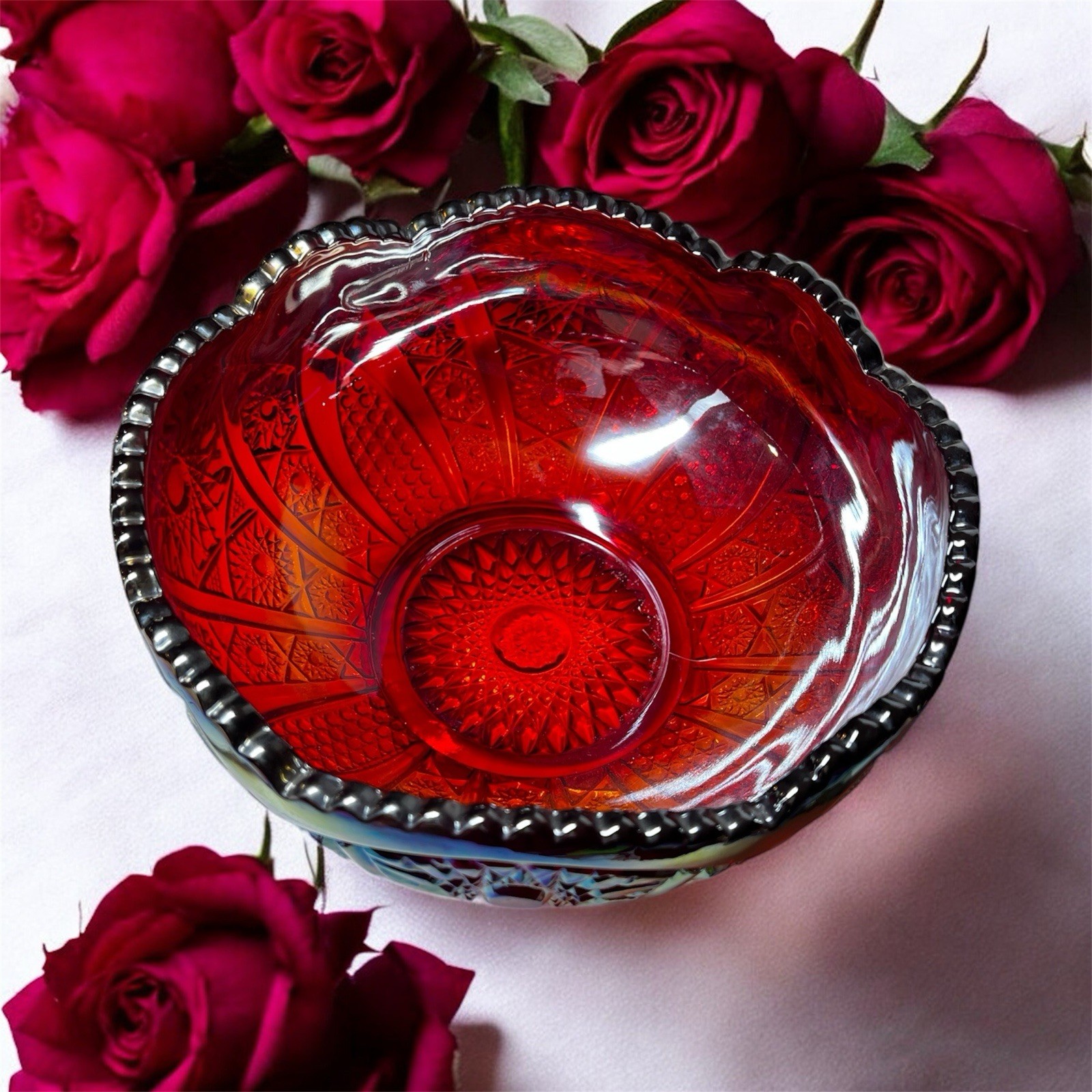 Vntg Red Carnival Glass Bowl 8” Iridescent Pressed Glass Dish Retro Decor READ