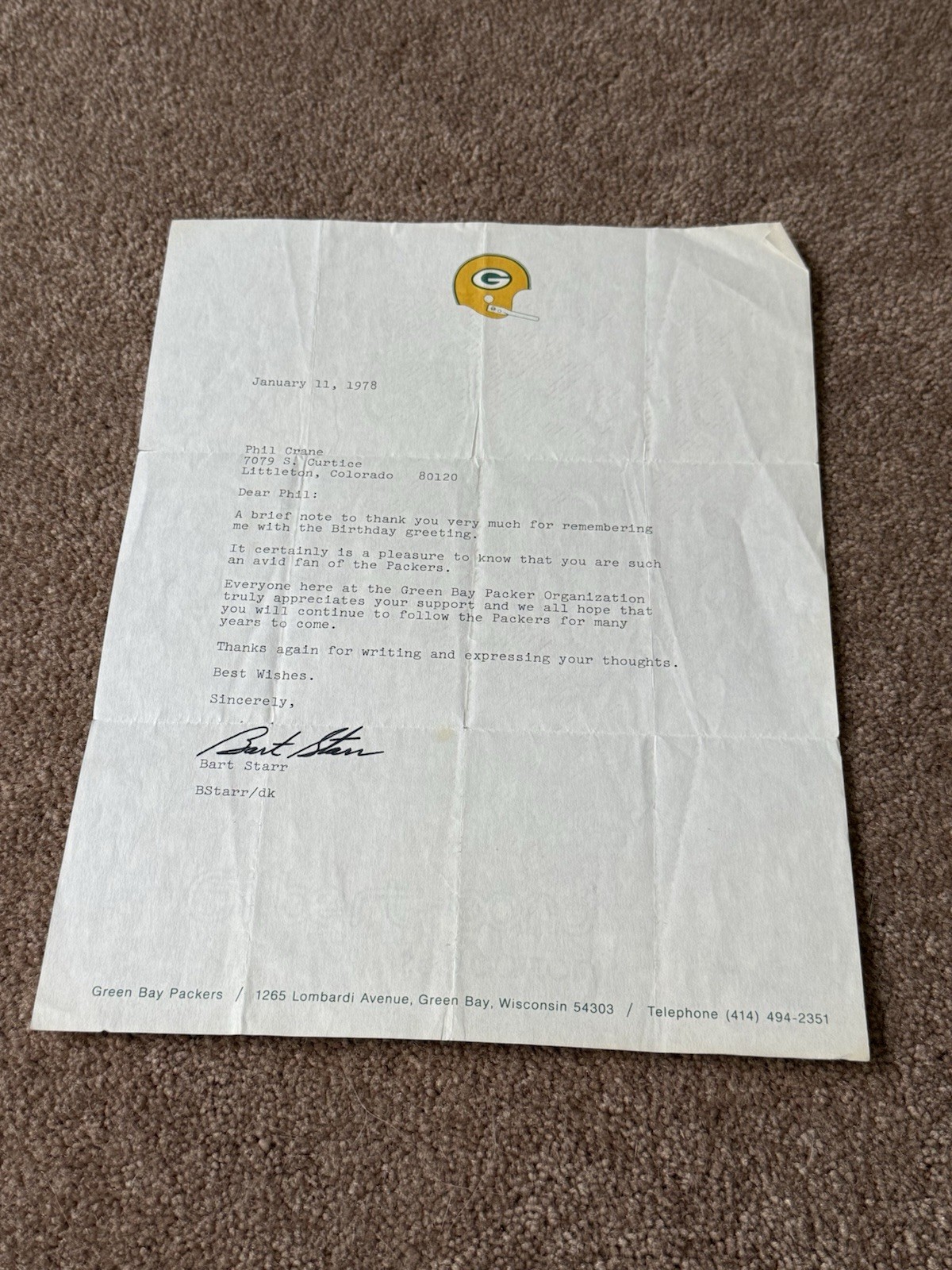 Bart Starr Signed 1978 Green Bay Packers Letterhead Autograph Letter Vintage HOF