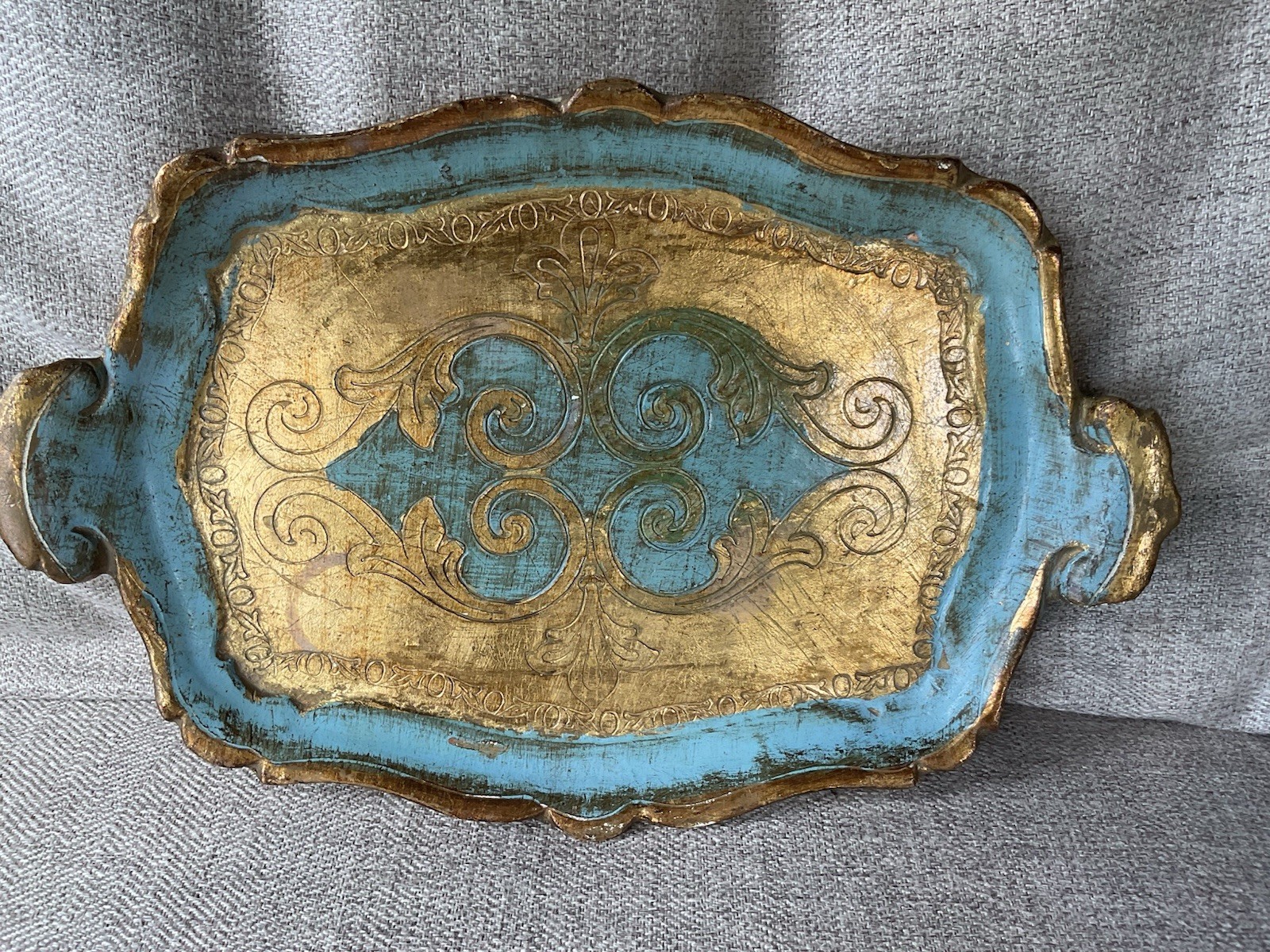 Vintage Florentine Small Wood Tray, Aqua & Gold