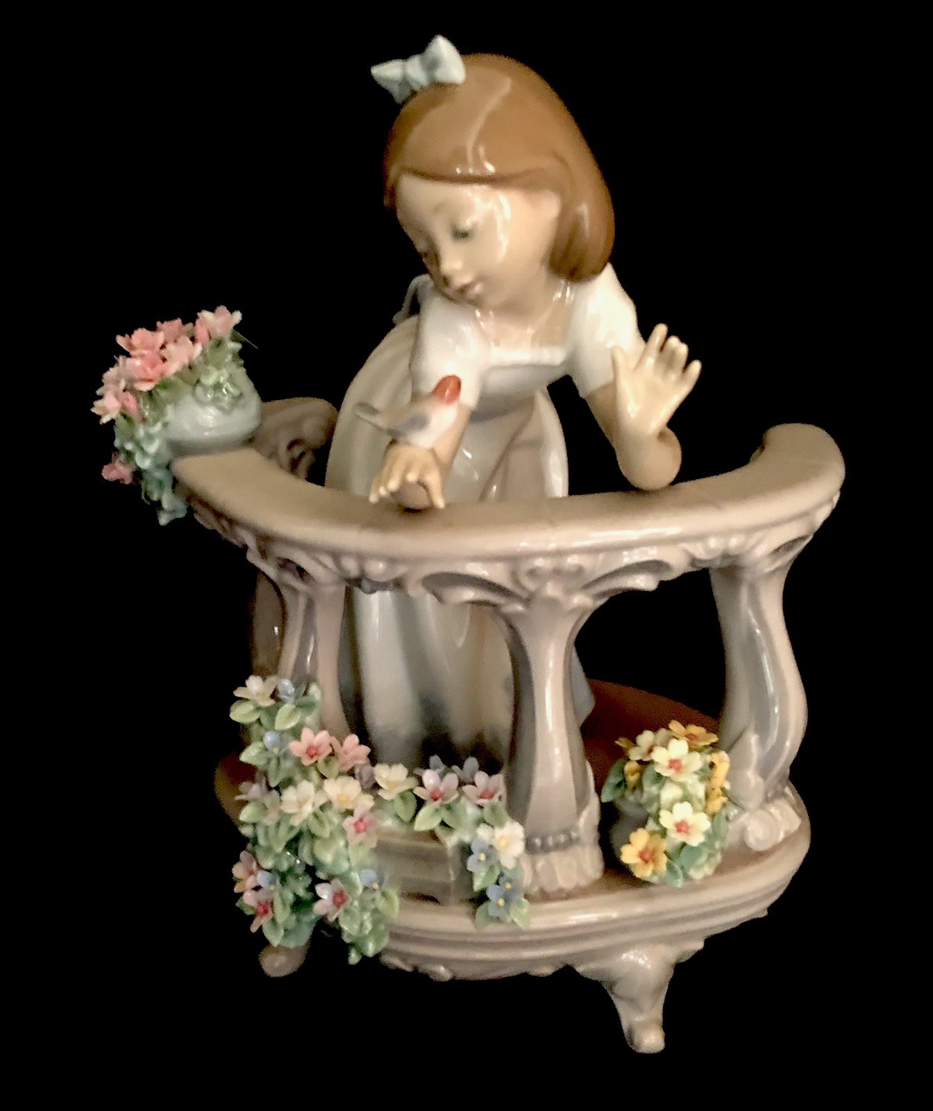 Lladro Figurine Morning Song Girl And Flowers On Balcony With Bird 9.5”X 6”