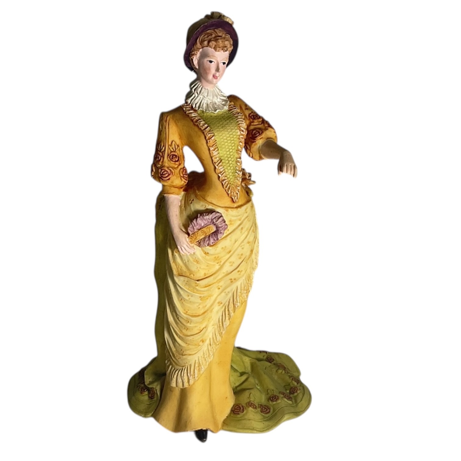 Victorian Lady Figurine Hand Painted Resin Holding Mirror Yellow Gown 9” Decor