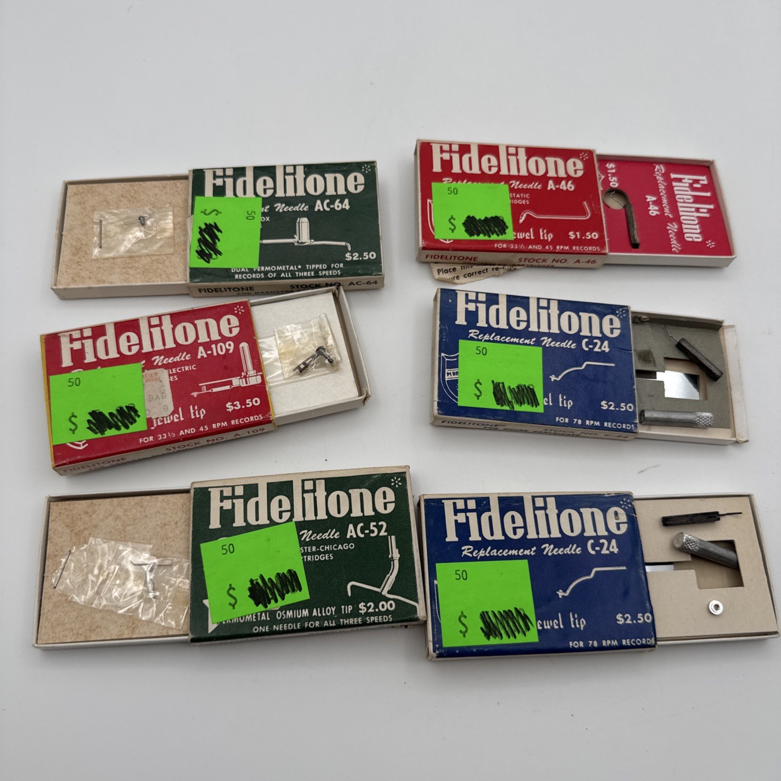 Lot 6 Vintage Fidelitone Replacement Needles C-24 A-46 Ac-64 A-109 Ac-52 Record