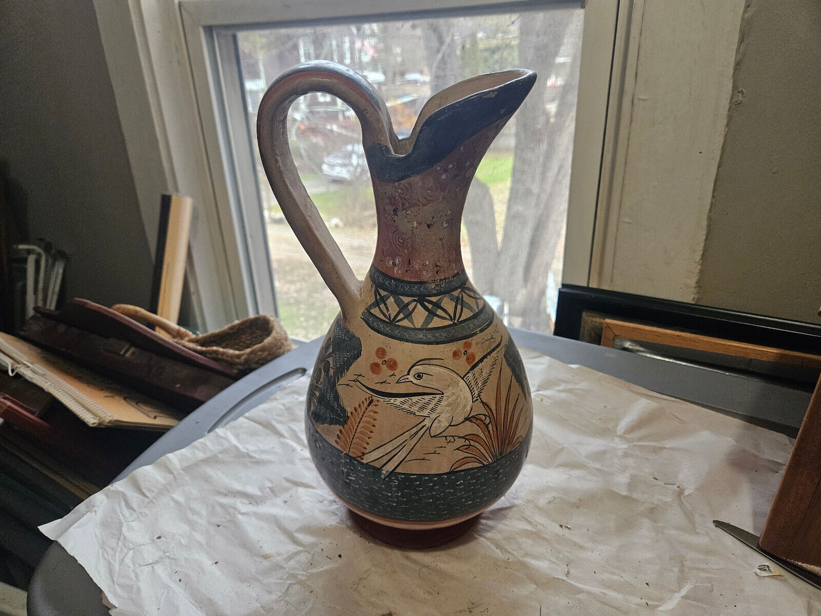 A.Mateos pitcher Tonala pottery -hand painted/hand made -signed folk art