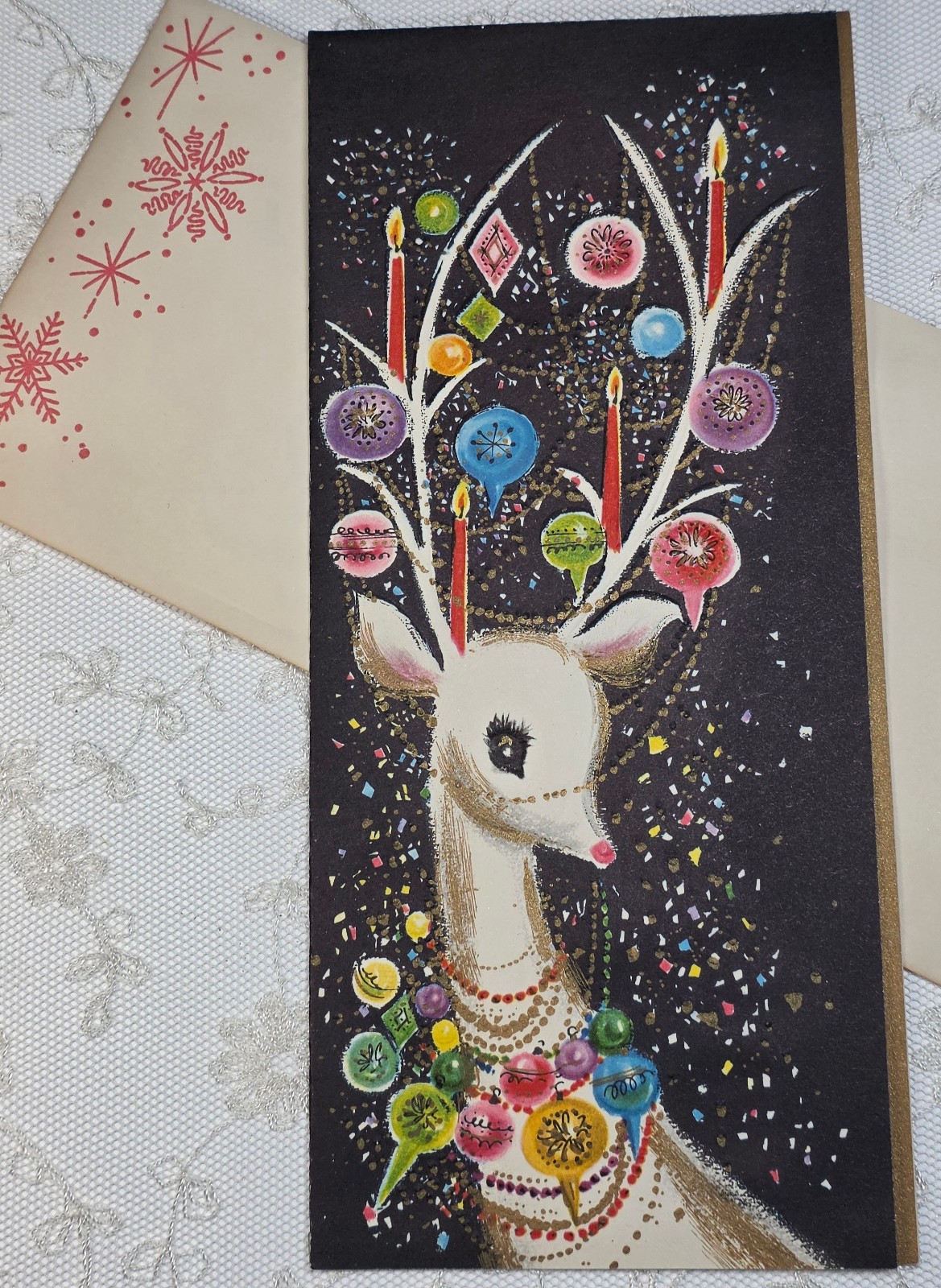 UNUSED- Stunning White Deer, Ornaments - 1950\'s SUNSHINE Christmas Greeting Card
