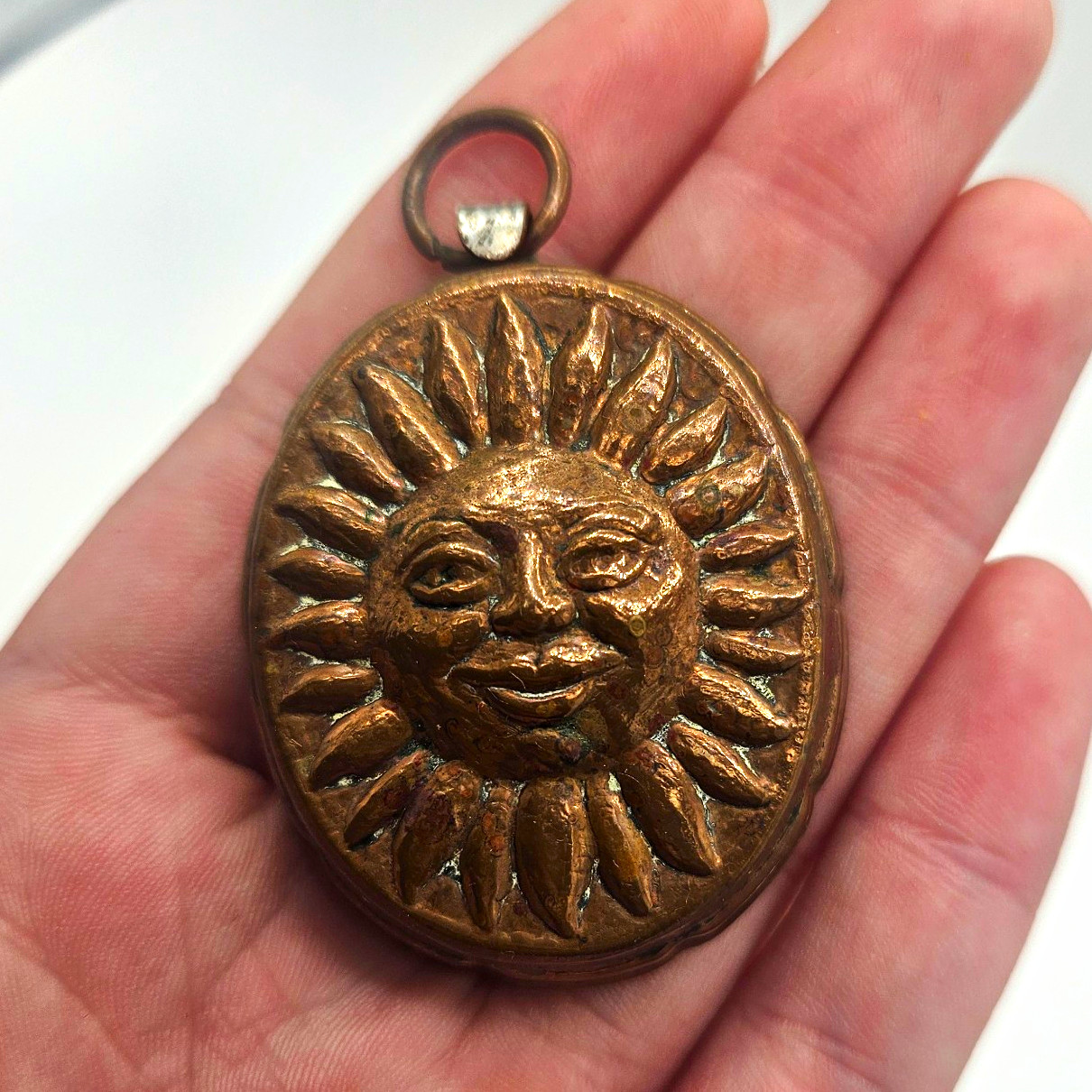 Vintage Copper Sun Face Oval Metal Pendant Celestial Chocolate Mold Small Charm