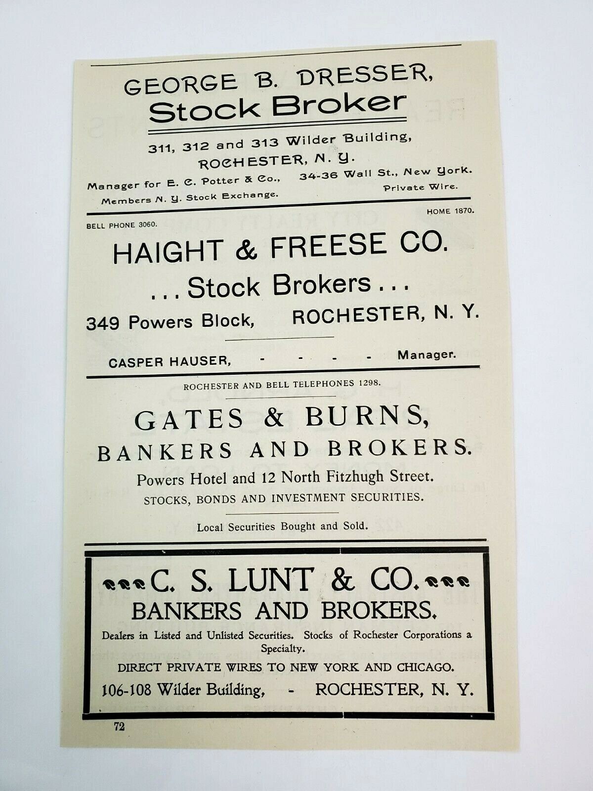 1902 Rochester New York Advertisement Stock Broker Dresser Haight Freese Gates 