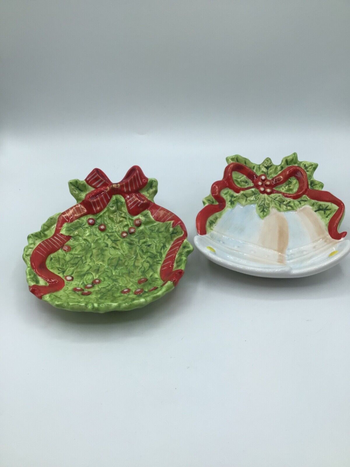 Set of 2 Sonoma Christmas Ceramic Holly Berries & Bells Trinket Candy Dishes 6”