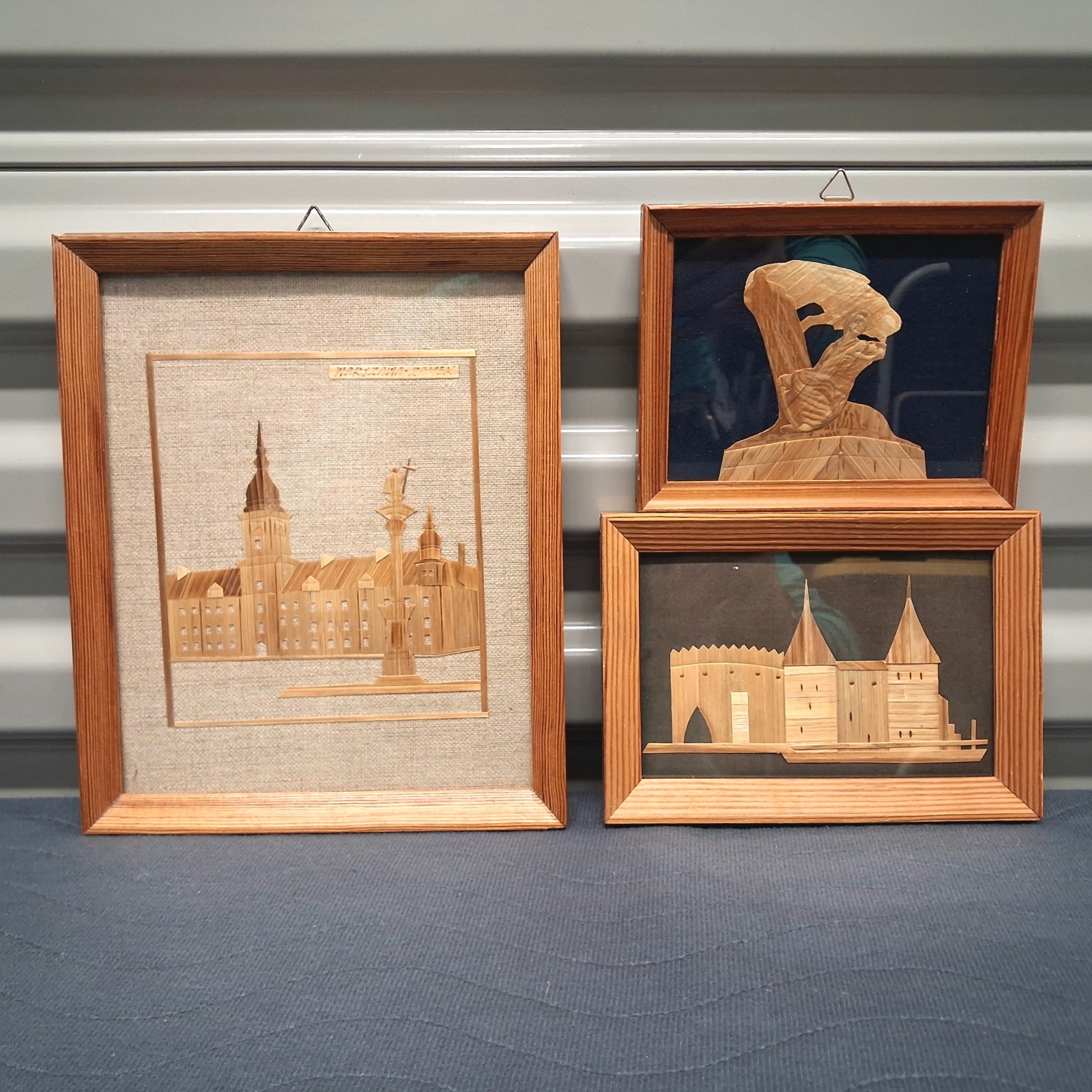 ​Vintage Polish Straw Marquetry Wall Art Set 3 Warsaw Castle Barbican Chopin 70s