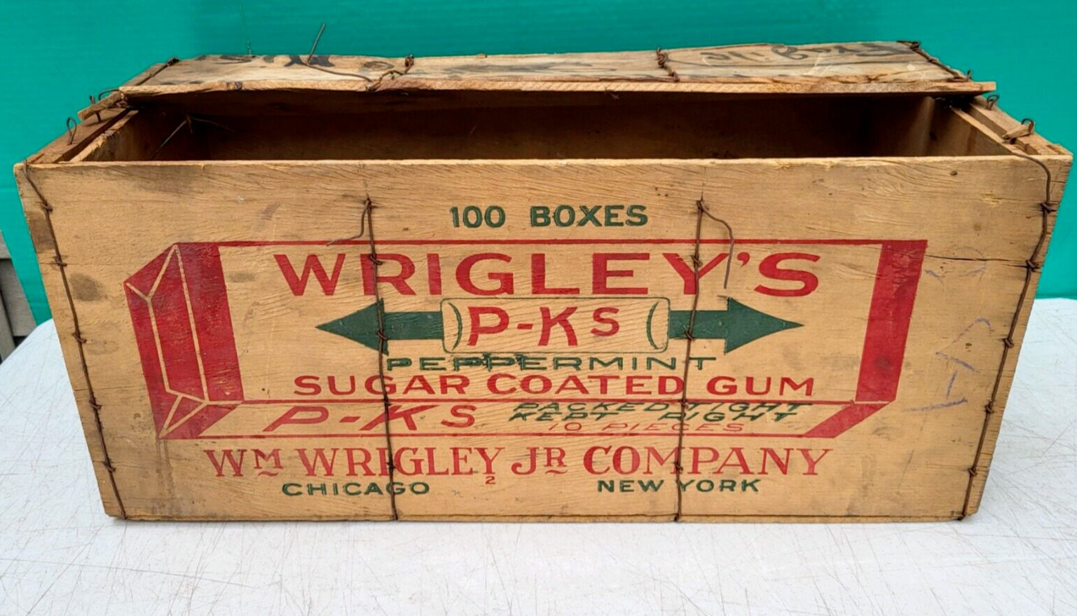 Wrigley PK Chewing Gum Wood Shipping Crate Box sign 1920s 30s Old Original