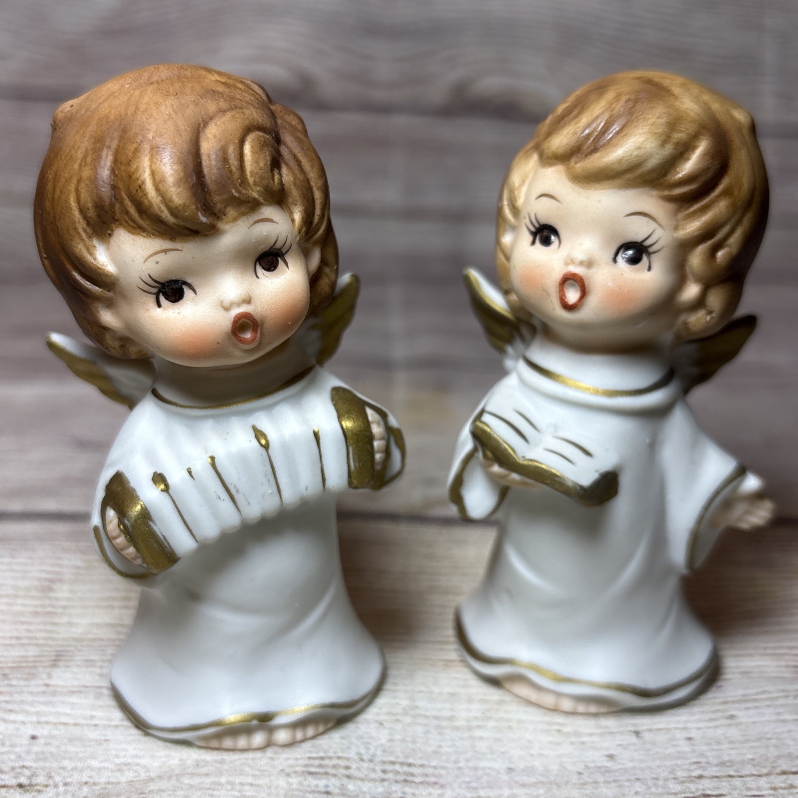 Vtg Pair Bisque Christmas Angel Figurines Musical Singing Accordion 4” White