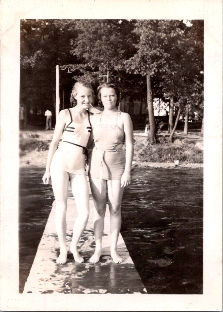 Vintage 1936 Photo Two Women in Swimsuits on Dock Beach Lake Snapshot Original