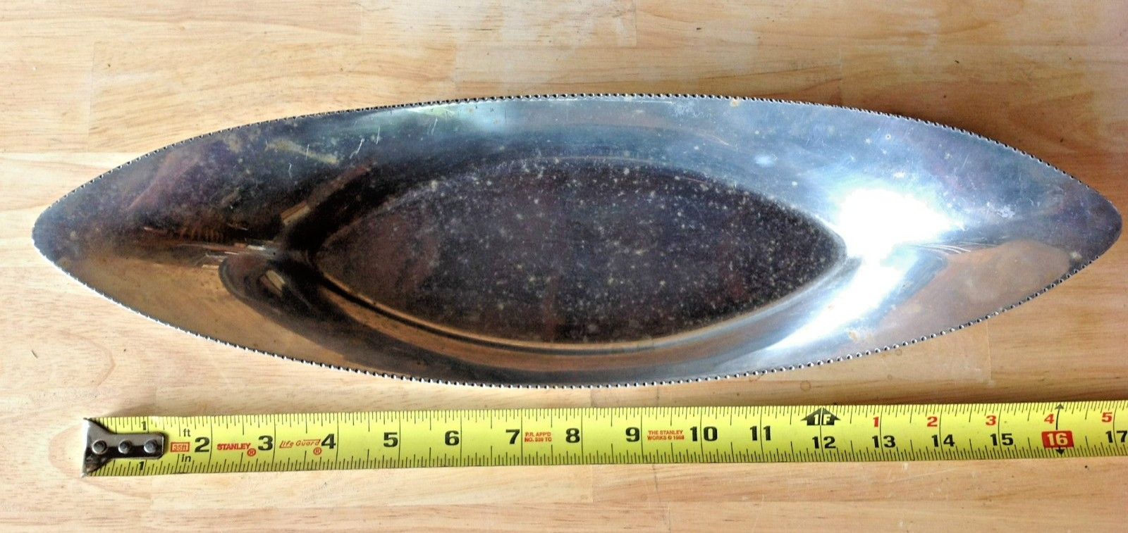 Mid-Century Hand Wrought Aluminum ? Long Oval Dish Made in Spain 16.5\