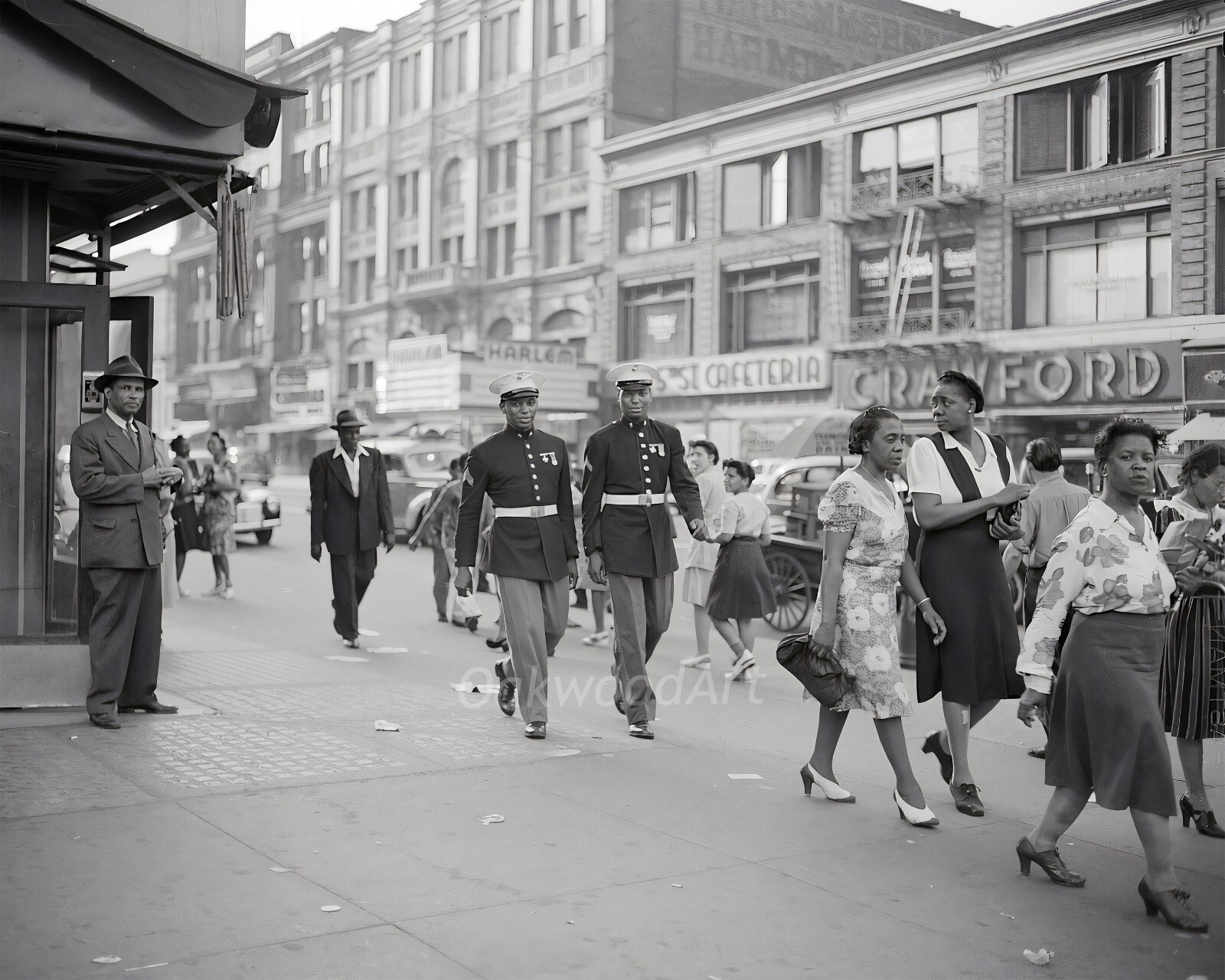 1940s HARLEM STREET SCENE with Marines in Uniform, WW2, Vintage Photo Reprint