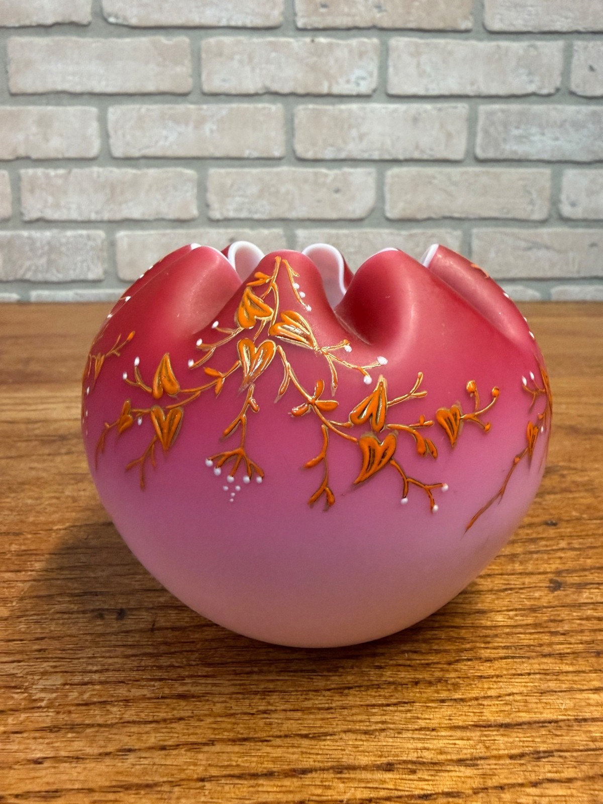 Antique Victorian Crimp Rose Bowl Vase Pink Satin Glass White Cased Orante Detai