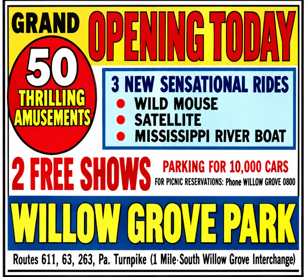 Vintage Willow Grove  Amusement Park Grand Opening Ad Magnet – Pennsylvania