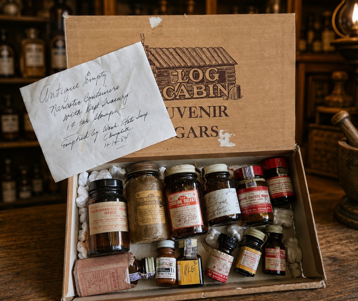 Antique Narcotic Pharmacy Bottle Collection Merck Lilly Cocaine Morphine Tax Stp