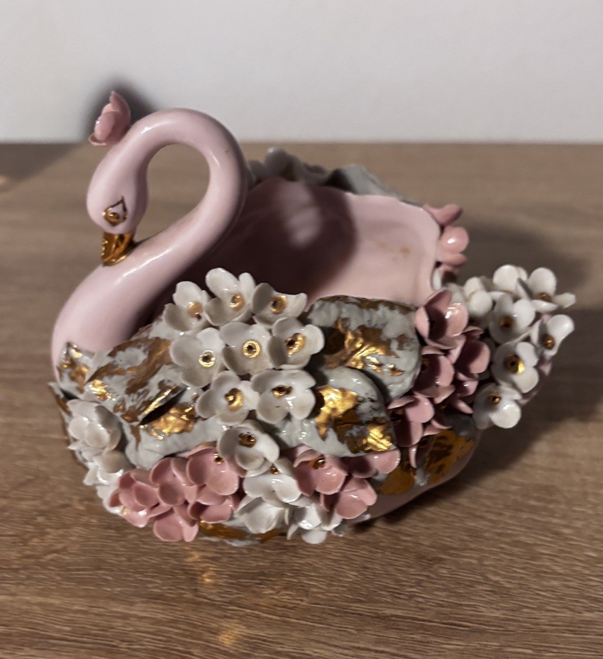 Vintage Lefton China Pink Swan Planter Applied Flowers Gold Trim Japan  1960s