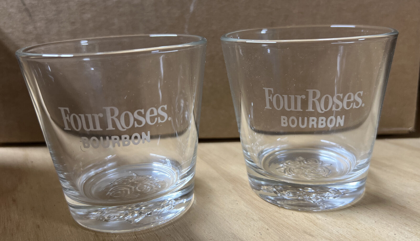 Four Roses KY Bourbon Whiskey Etched Glasses w/ Embossed Rose on Bottom Set Of 2
