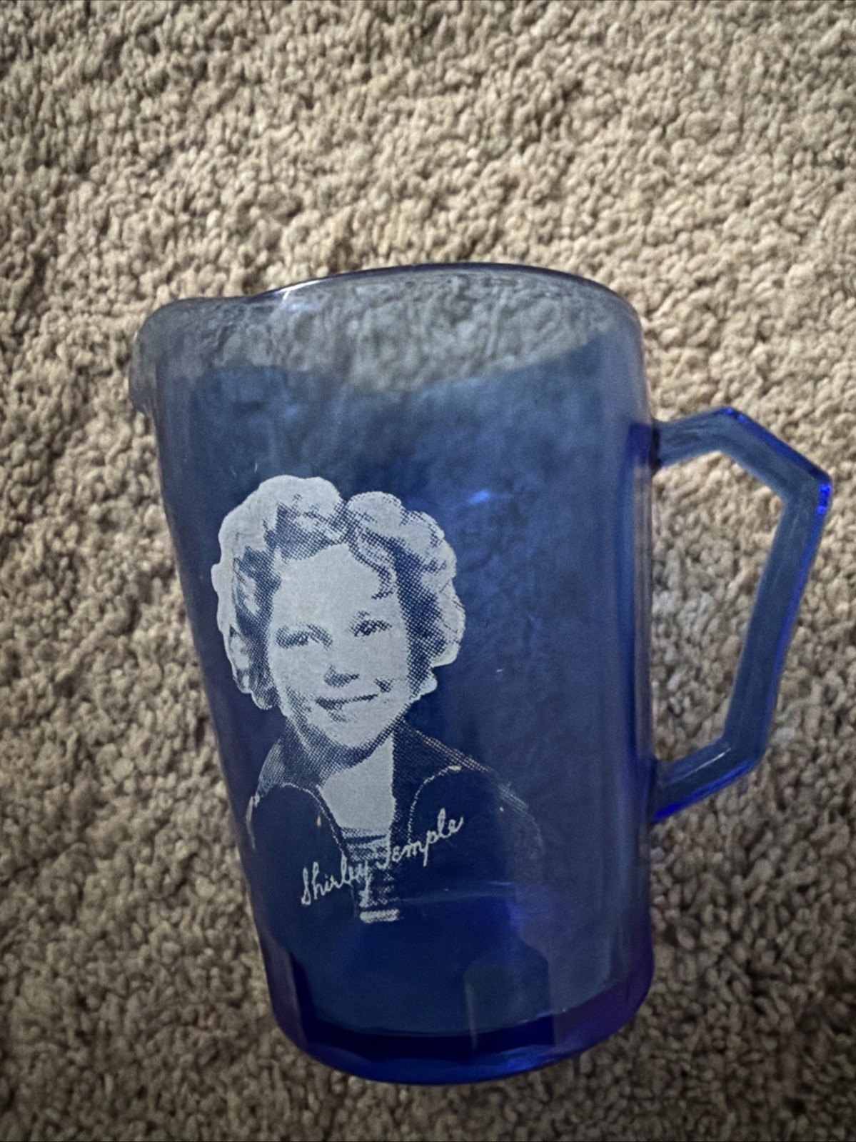 Vintage Shirley Temple Cobalt Blue Glass Cream Pitcher 4.25”, 1930's