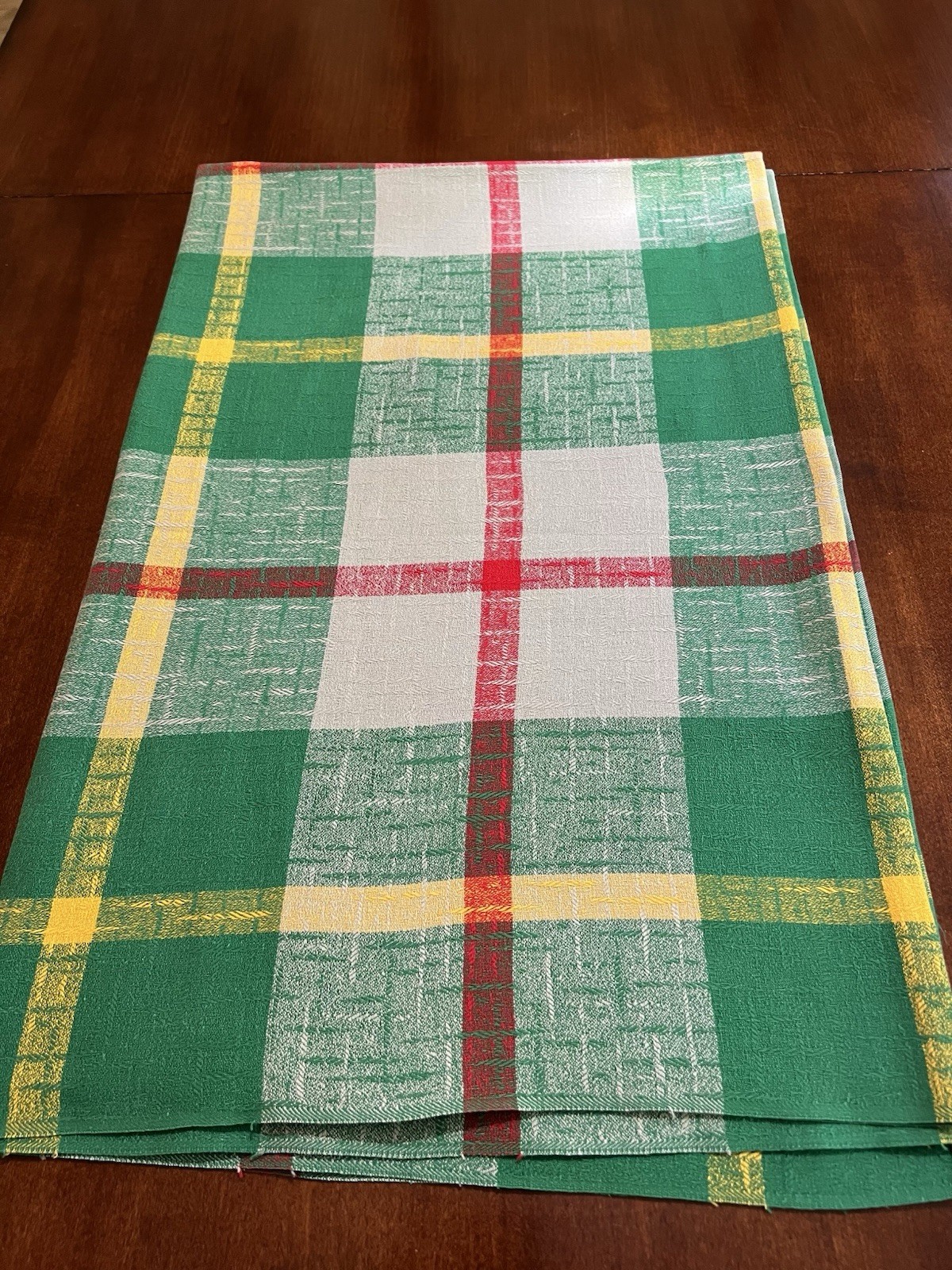 Vintage Simtex Tablecloth Woven Textured Cotton Plaid Design Green Yellow Red