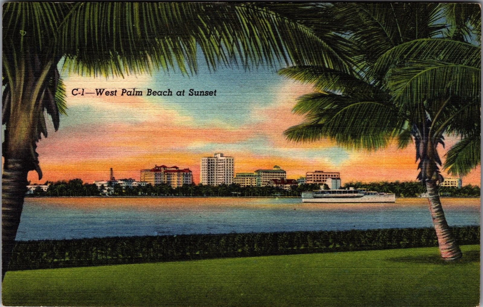 1938 West Palm Beach Florida Sunset Linen Postcard Skyline Waterfront