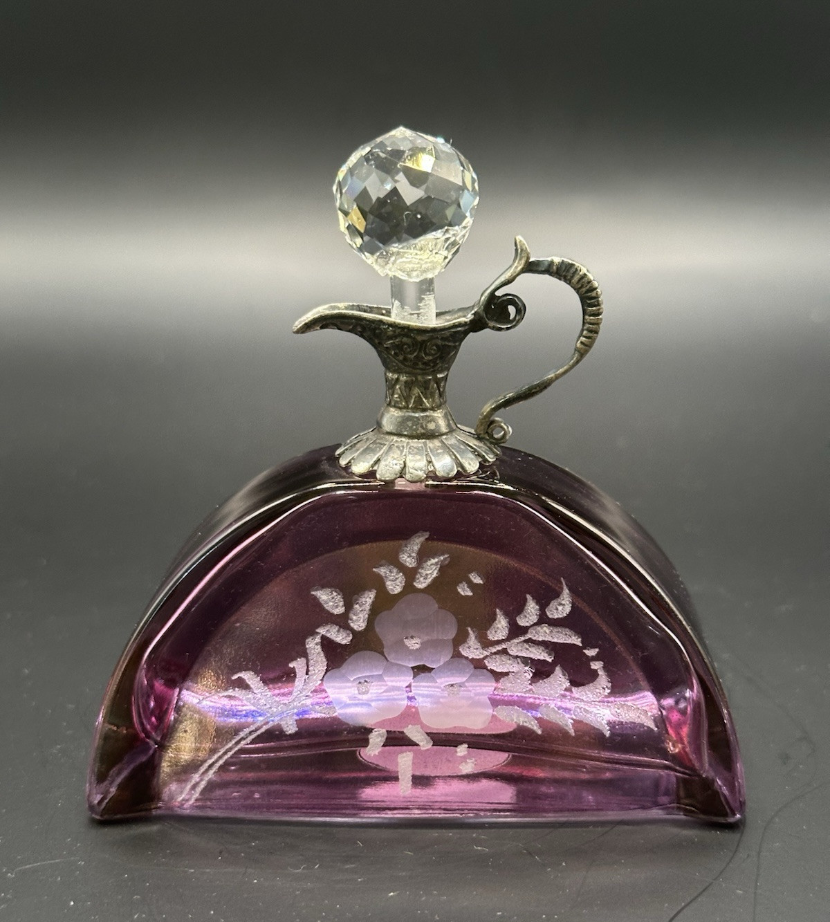 VTG Cristallo E Argento Purple Etched Italy Perfume Bottle SILVER Top w/Stopper