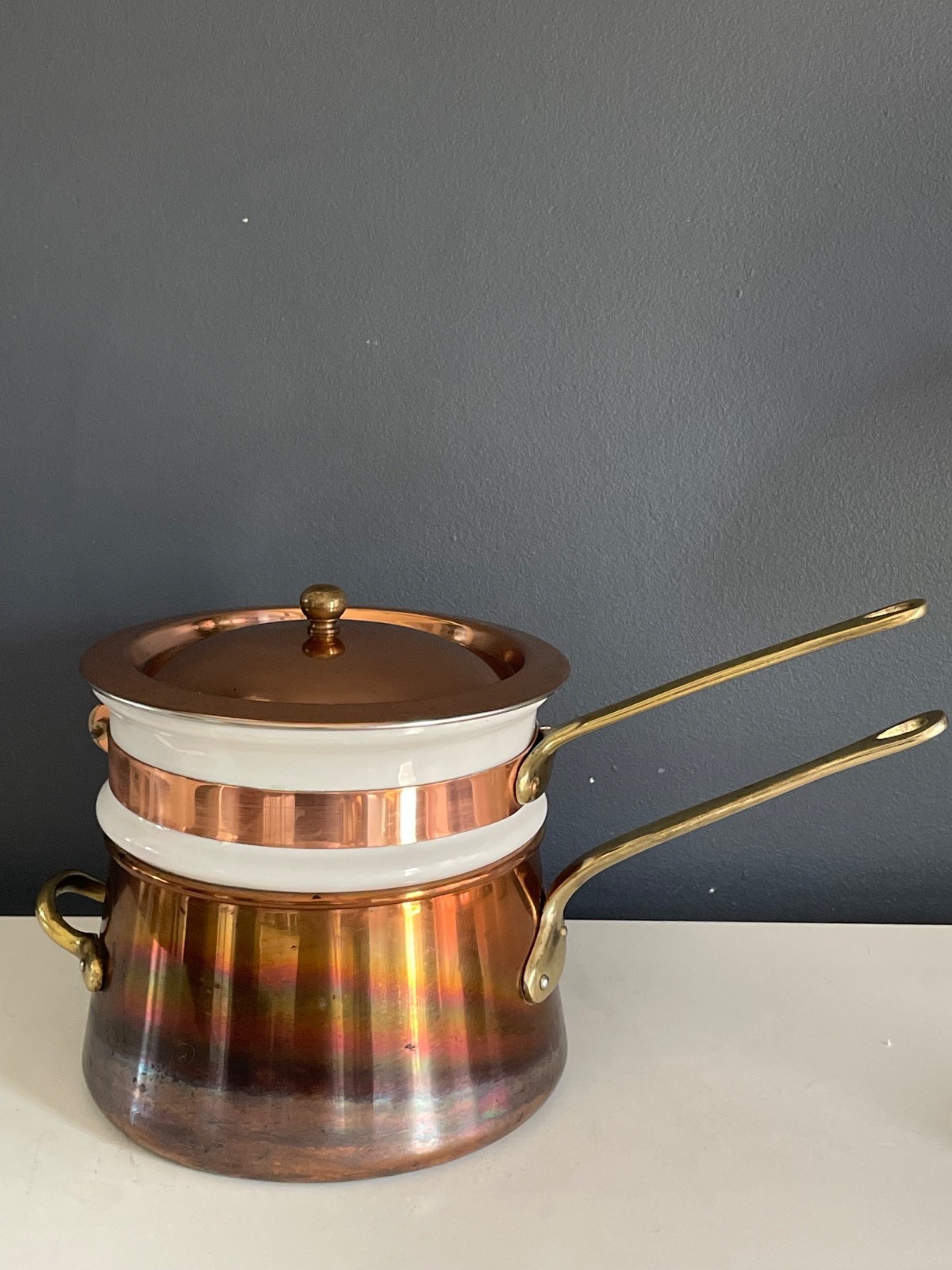 Vintage Daewoo Korea Copper & White Enamel Double Boiler Pot w Lid Brass Handle