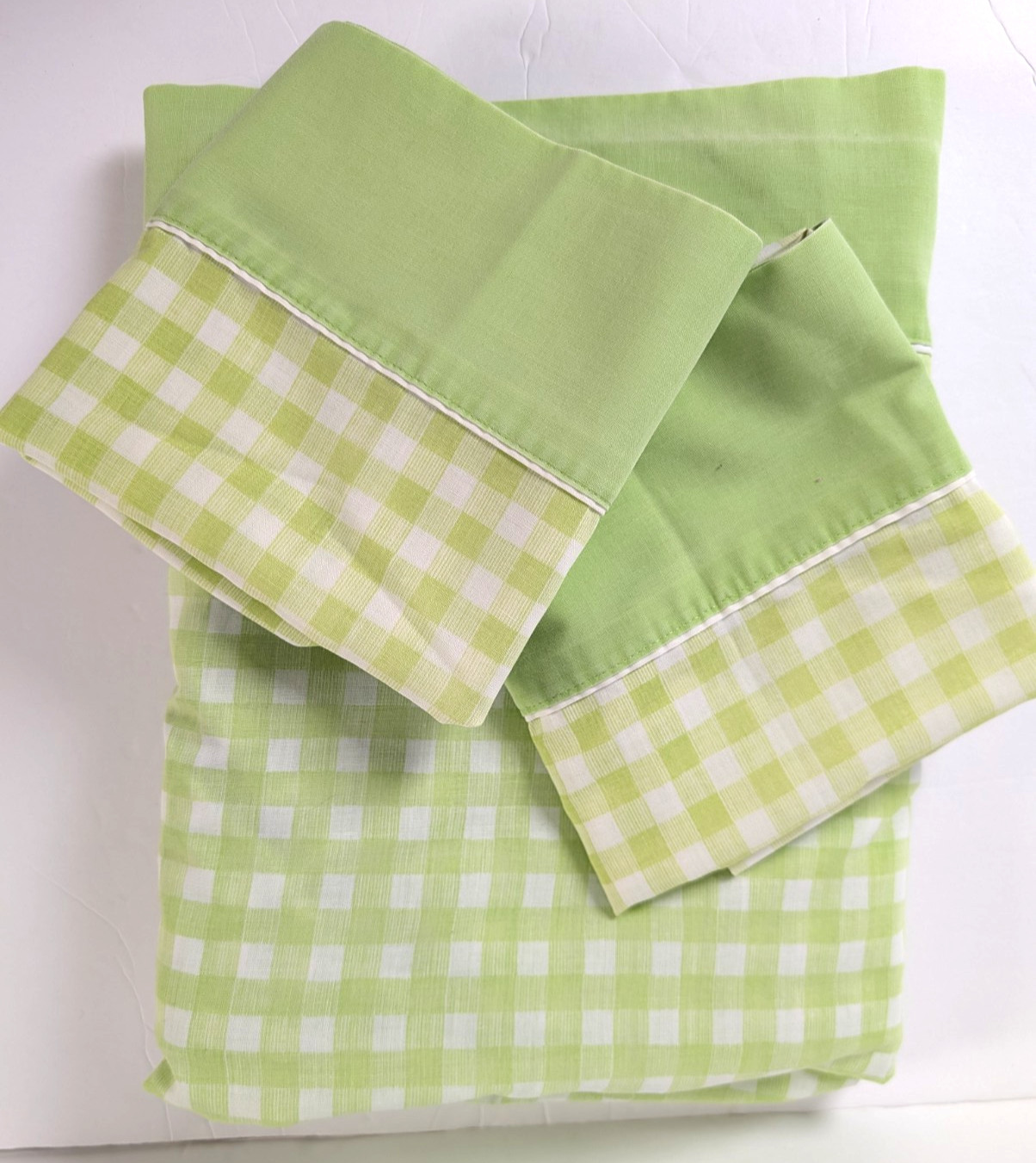 Vtg JCPenney Fashion Manor Green Gingham Flat Sheet Queen Pillowcases White 3pc