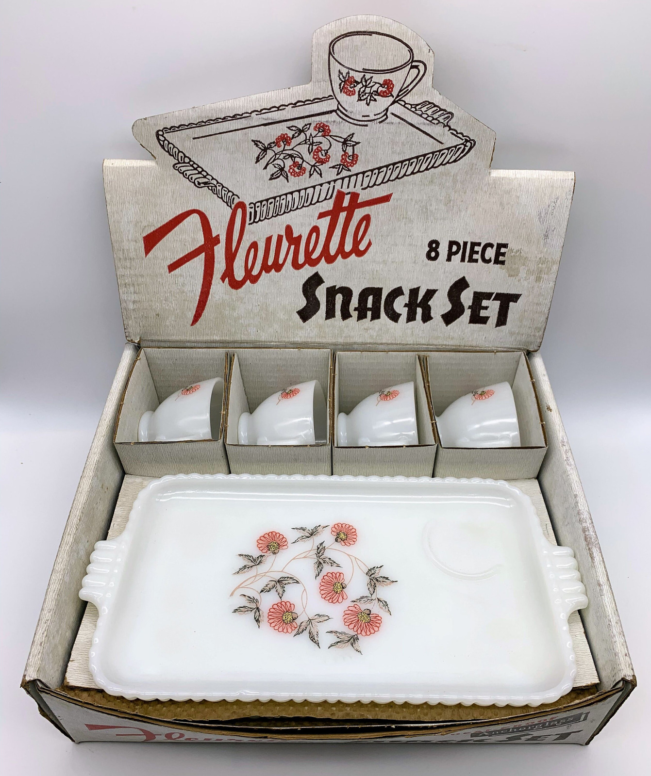 Complete 8 Piece Fleurette Snack Set Anchor Hocking Anchorglass in Original Box
