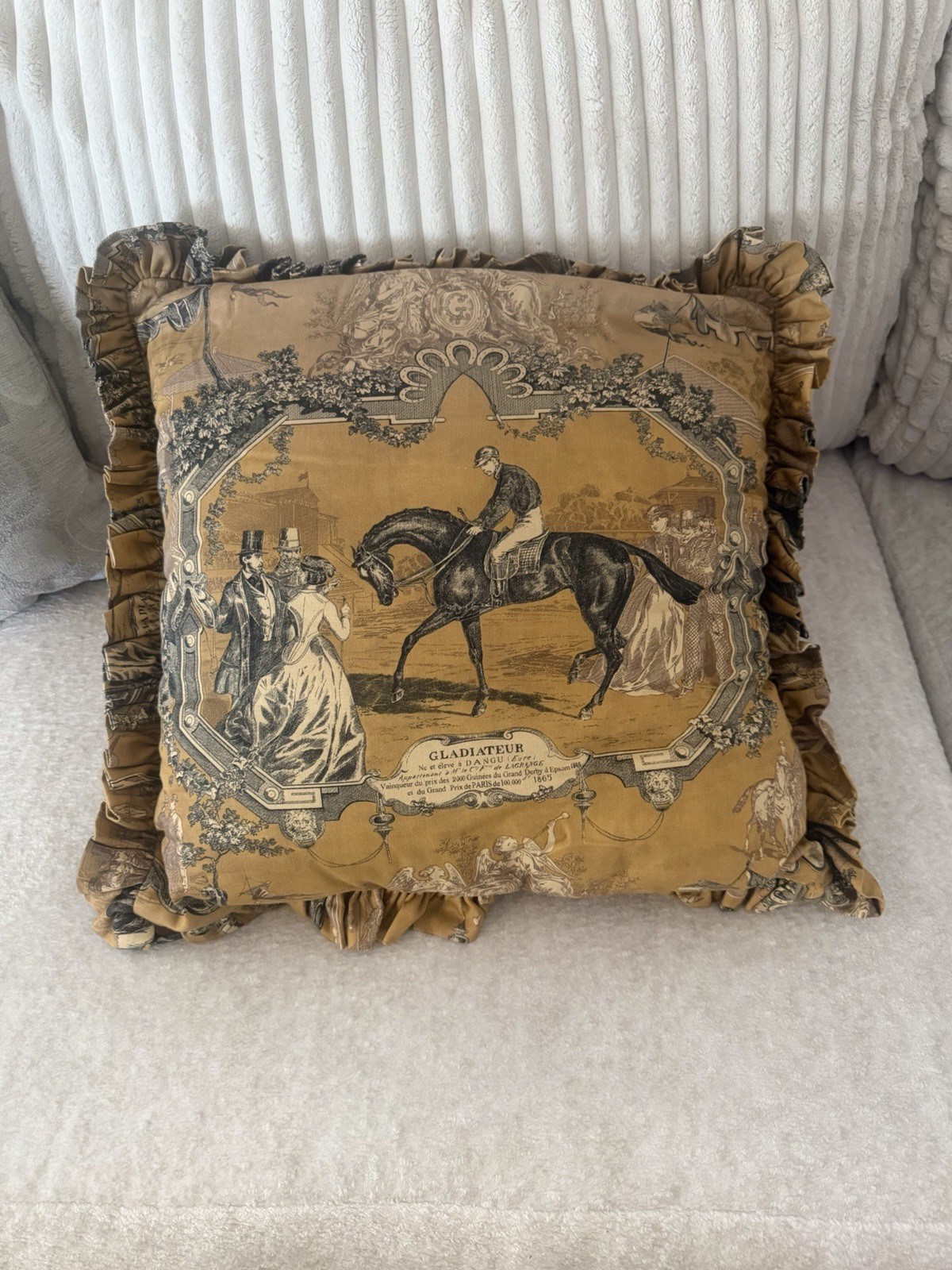 Vintage French Equestrian Gladiateur 1865 Horse Racing Pillow Ruffled Toile