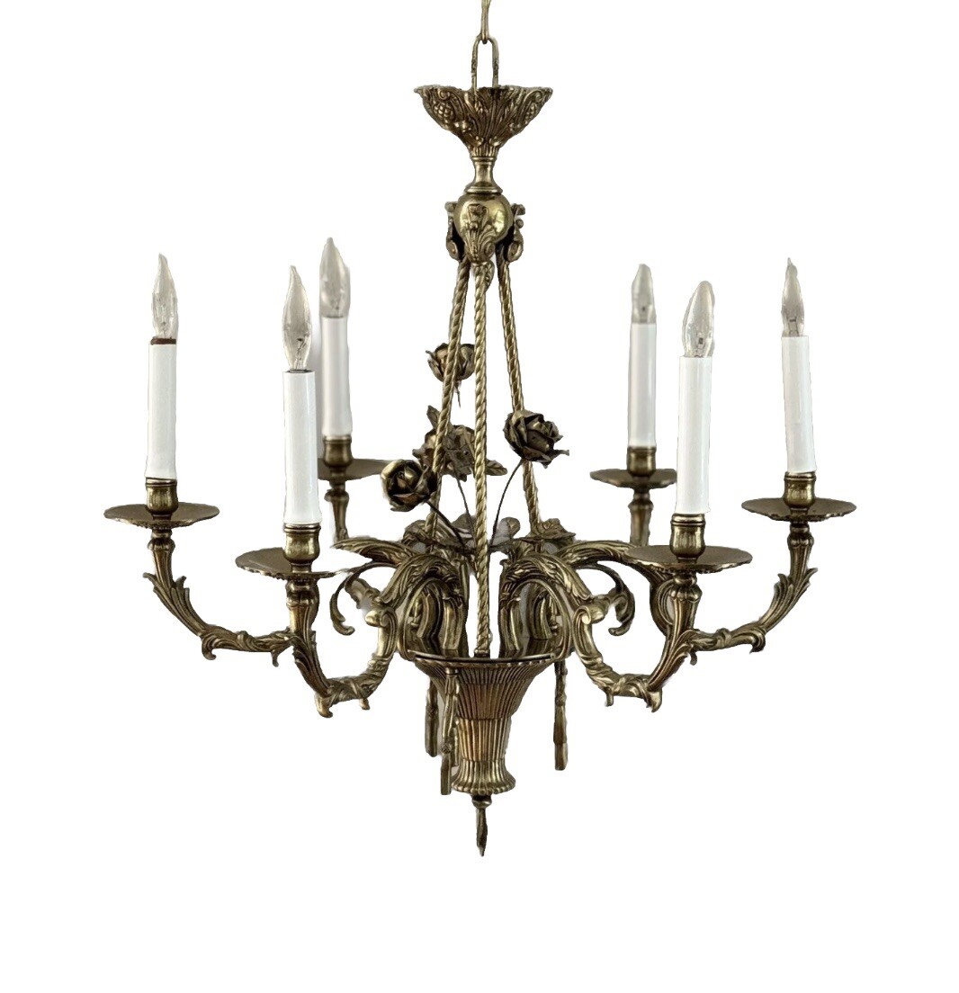 Antique French Brass Art Nouveau No Crystal Flower Basket Chandelier SPAIN